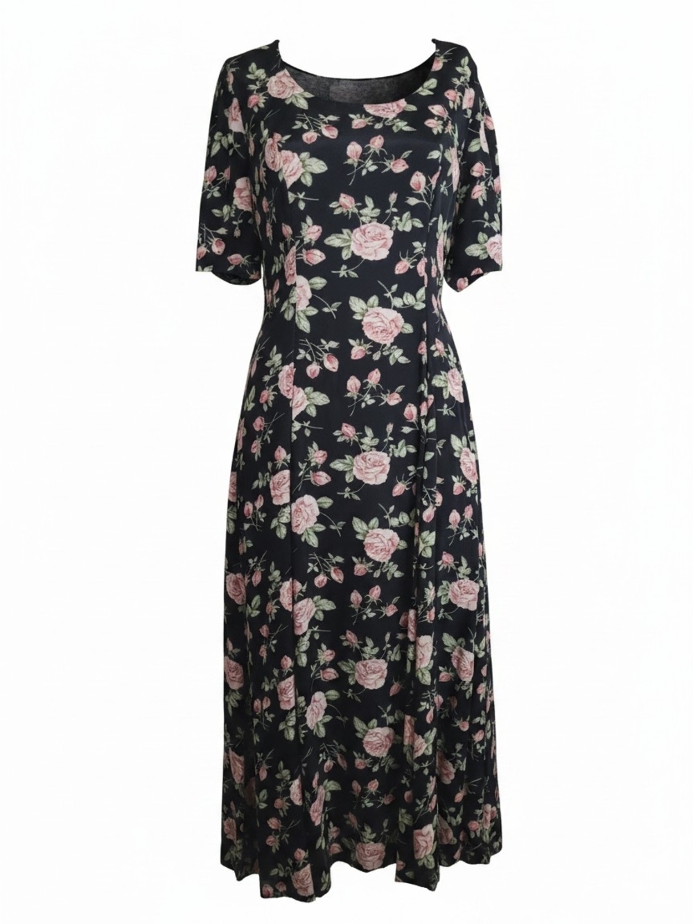 90s Laura Ashley Great Britain Pink Roses Print Black Maxi Dress Size Small